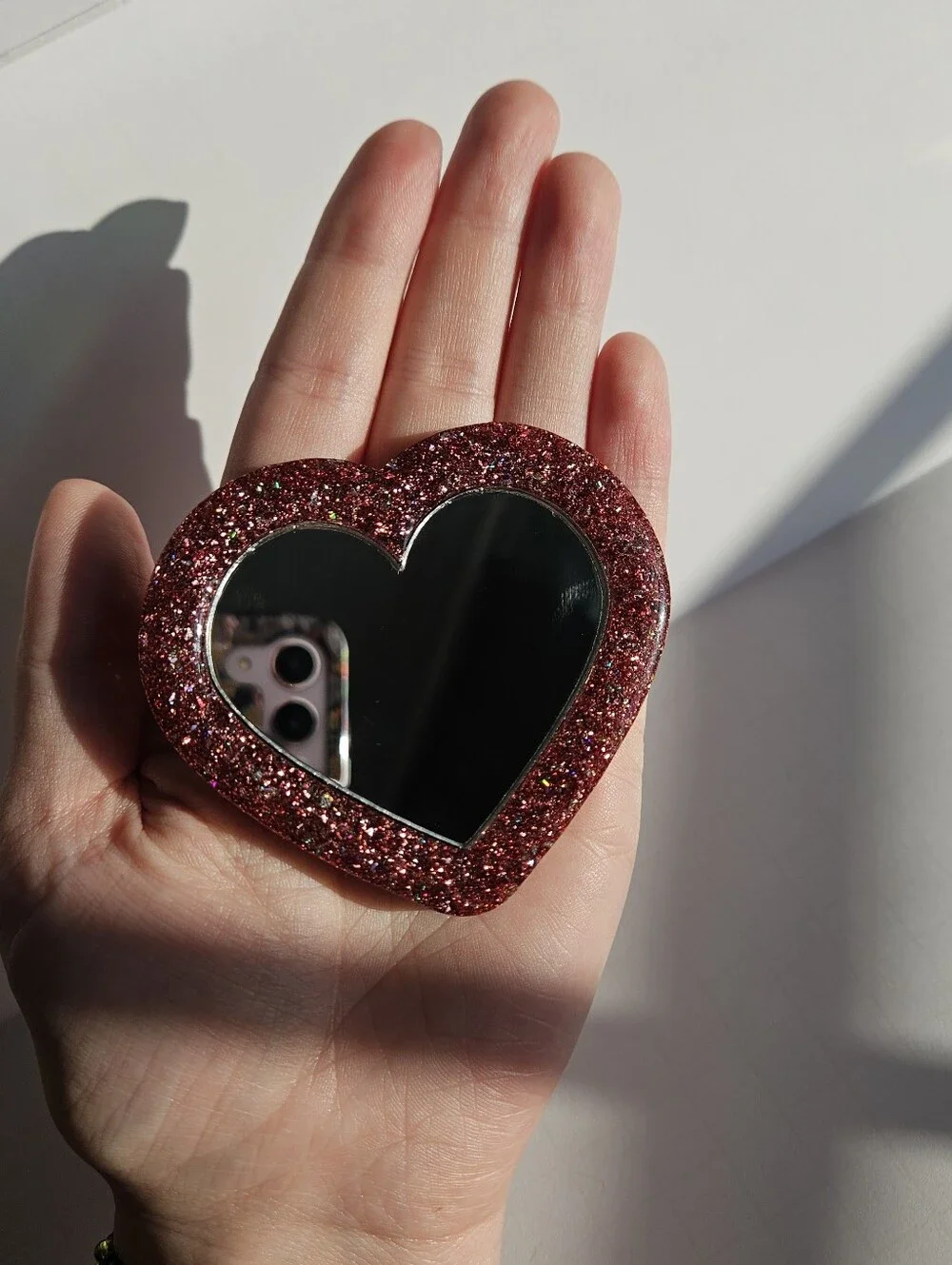 Handmade Pink Glitter Heart Resin Pocket Mirror Cute Girly Accessories